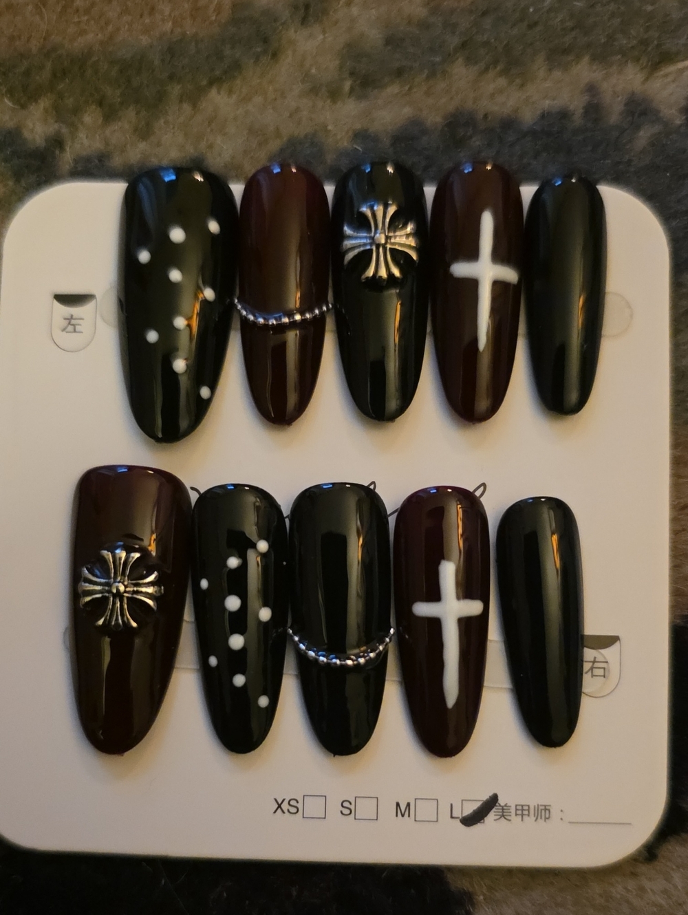 Black & Deep Burgundy Cross Accent Press-On Nail Set - Of 10 Size Large